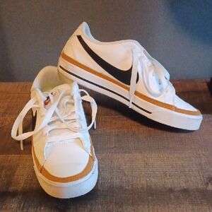 Nike White and Black Court Sneakers with Tan Accents. Size 6